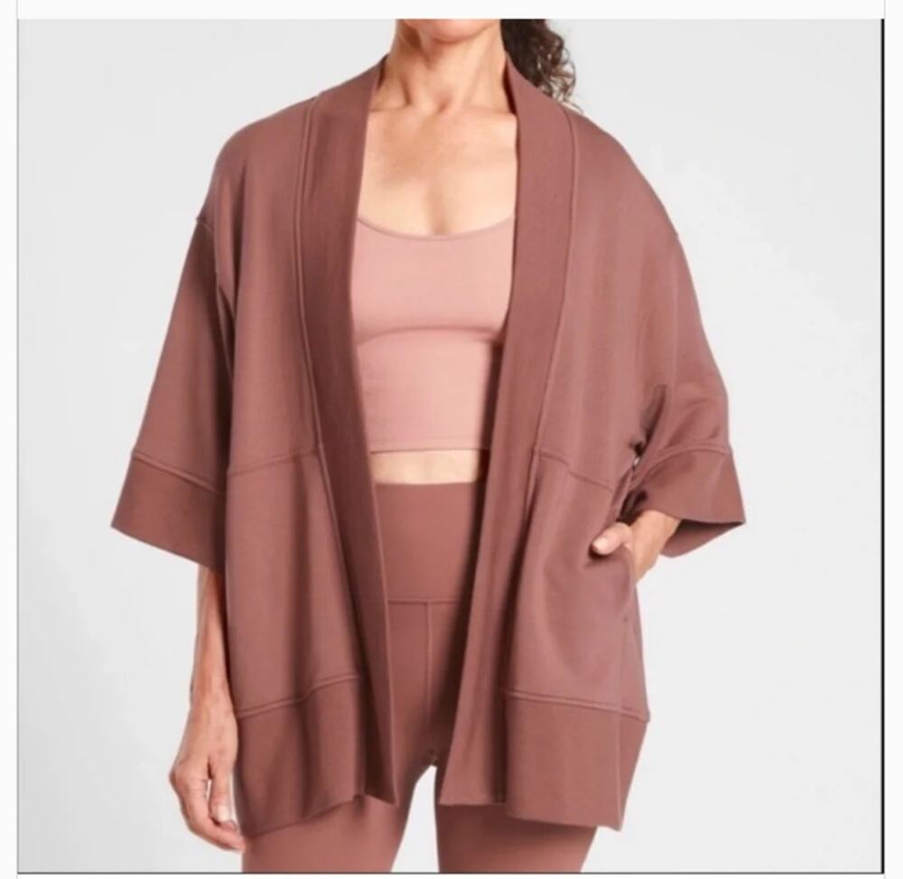 Athleta Lotus Wrap Textured Cardigan Womens L/XL Open Front Sweater Mauve Lounge